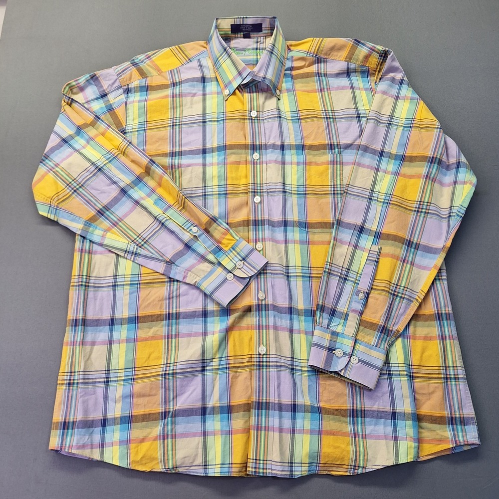 Alan Flusser Mens Large Plaid Button Down Shirt Yellow Purple Blue Cotton